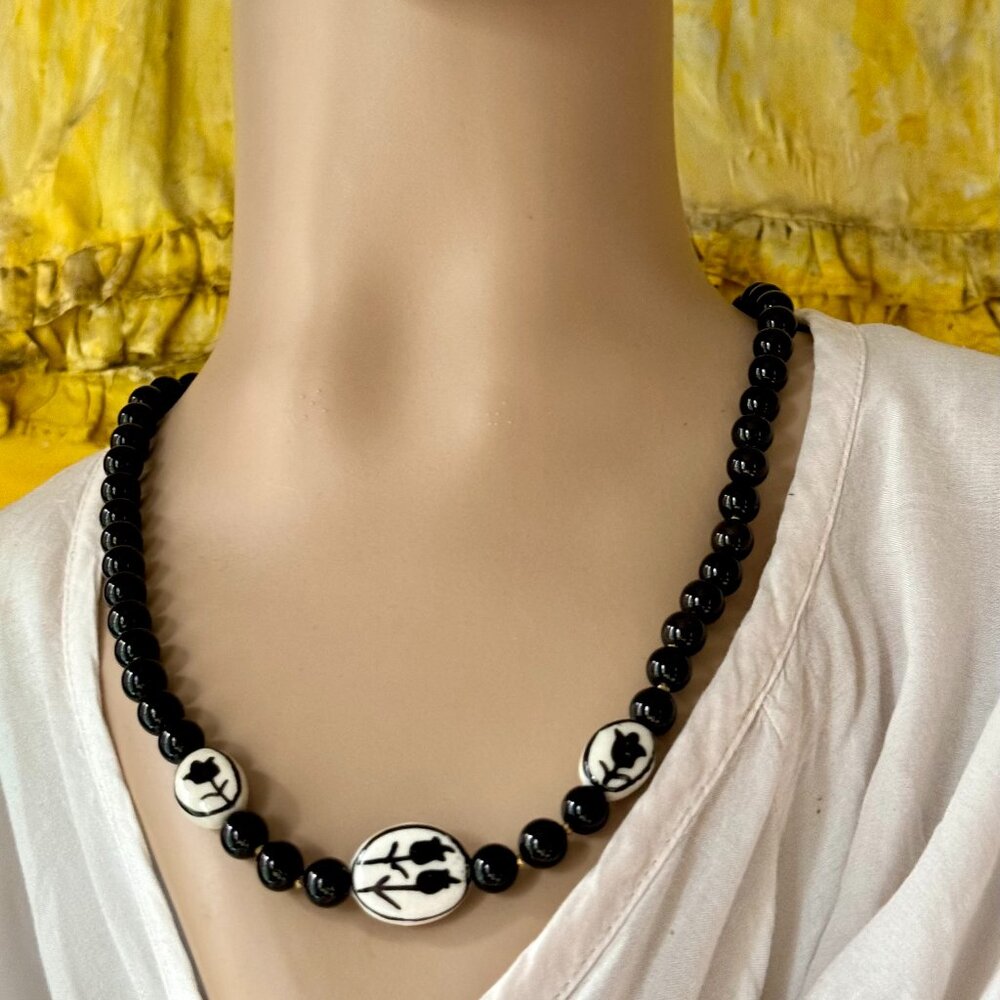Handmade Goth style Black porcelain necklace OOAK